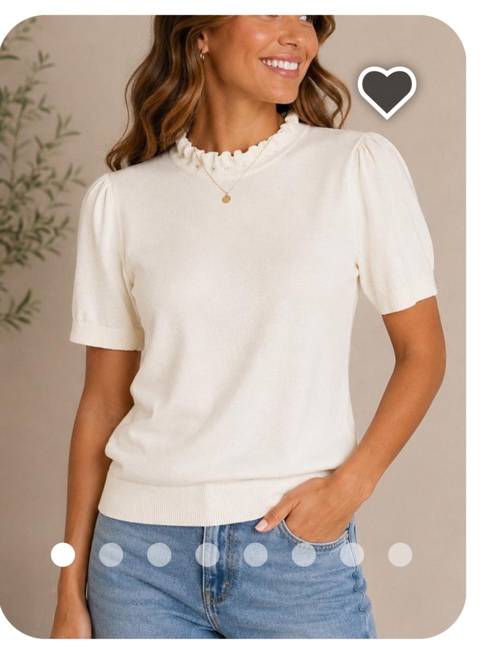 J. Crew Cream Ruffle-Trim Short Puff Sleeve Knit Top
